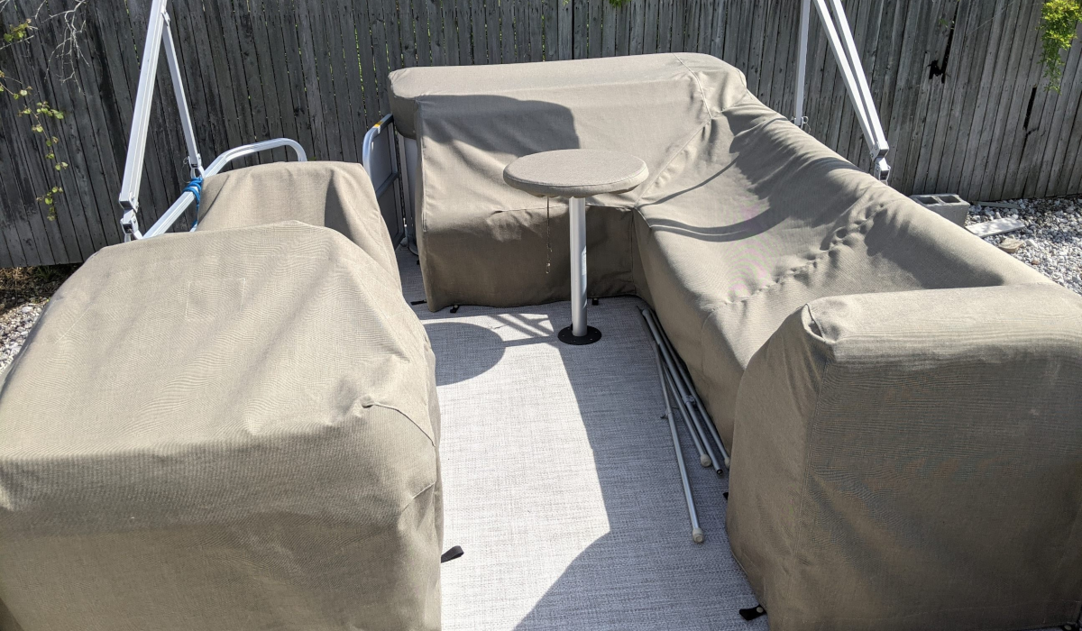 Reinforced boat cover ready to trailer